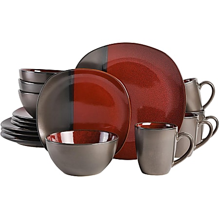 Gibson Elite Volterra 16-Piece Soft Square Stoneware Dinnerware Set, Red/Metallic Gray
