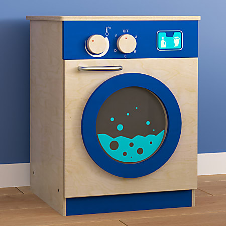 Flash Furniture Bright Beginnings Commercial Grade Wooden Kids Washing Machine With Integrated Storage And Turning Knobs, 20-1/2”H x 15-1/2”W x 15-3/4”D, Beech