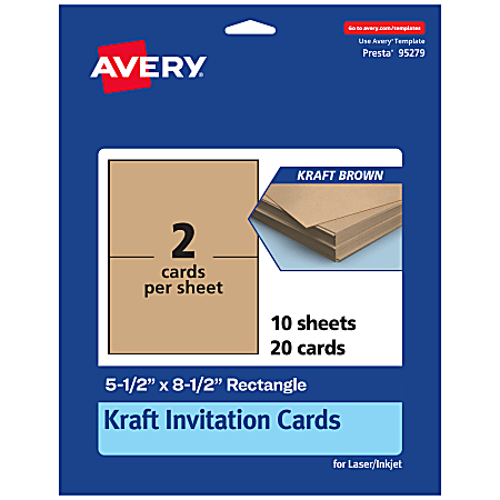 Avery® Printable Invitation Cards, 95279-KMC10, Rectangle, 5.5" x 8.5", Kraft Brown, Pack Of 20