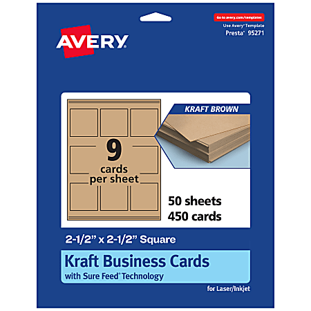 Avery® Printable Business Cards With Sure Feed® Technology, 95271-KMC50, Square, 2.5" x 2.5", Kraft Brown, Pack Of 450