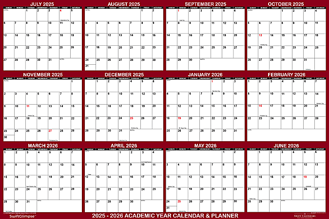 2025-2026 SwiftGlimpse Academic Erasable Monthly Wall Calendar, 32" x 48", White/Maroon, July 2025 To June 2026