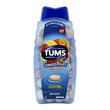 TUMS Smoothies Extra-Strength Antacid Tablets, Assorted Fruit Flavors, Container Of 250 Tablets