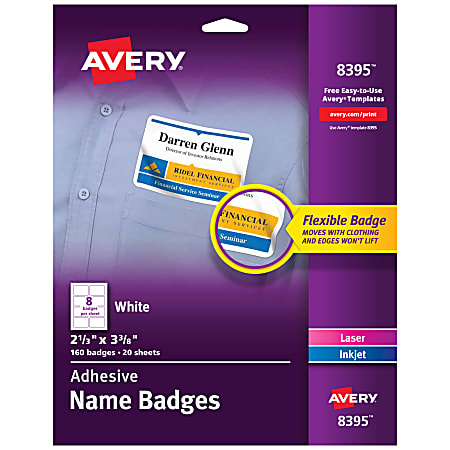 Avery® Flexible Name Badge Labels, 2 1/3" x 3 3/8", White, Box Of 160