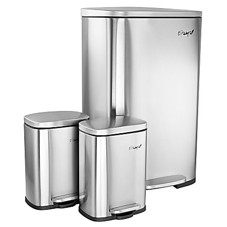 Elama 3-Piece 50-Liter/5-Liter Stainless Steel Step Trash Bin Combo Set With Slow Close Mechanism, Silver