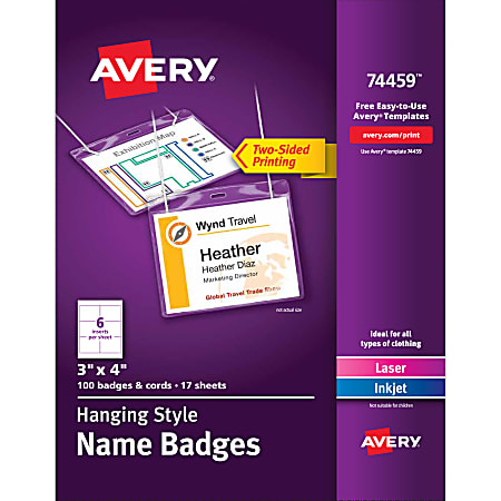 Avery® Customizable Hanging Name Badges, Rectangle, 74459, 3" x 4", Clear Holders With White Inserts, Box Of 100
