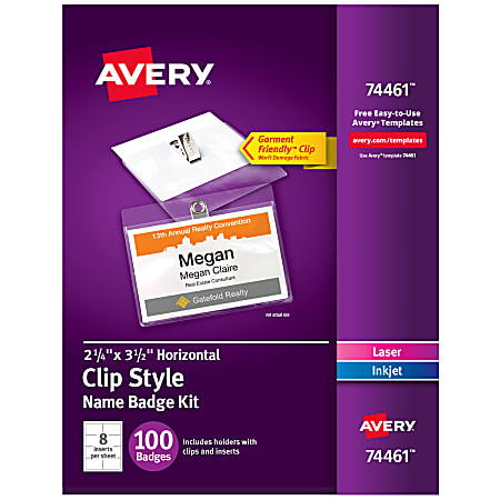 Avery® Customizable Name Badges With Clips, Rectangle, 74461, 2-1/4" x 3-1/2", Clear Holders With White Inserts, 100 Badges