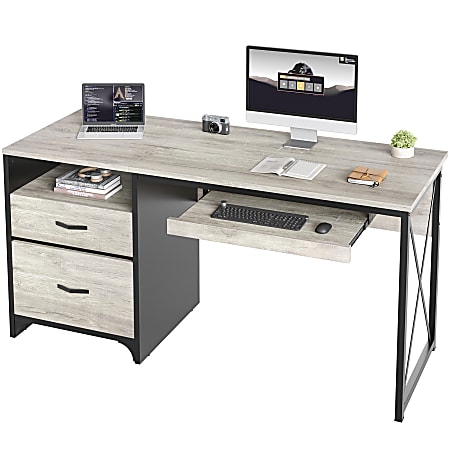 Bestier 56"W Office Computer Desk With Storage File Drawers And Keyboard Tray, Light Gray