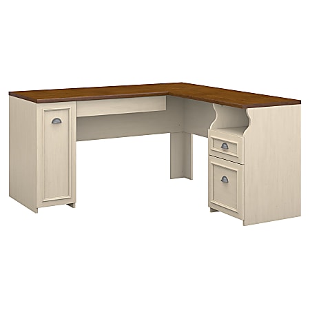 Bush Furniture Fairview L Shaped Desk, Antique White/Tea Maple, Standard Delivery