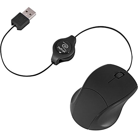 ReTrak Retractable Black Optical Mouse - Optical - Cable - Black - 1 Pack - USB - 800 dpi - Scroll Wheel - 3 Button(s) - Symmetrical