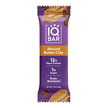 IQ BAR Brain Fuel Protein Bars, Almond Butter Chip, 1.6 Oz, Box Of 24 Bars