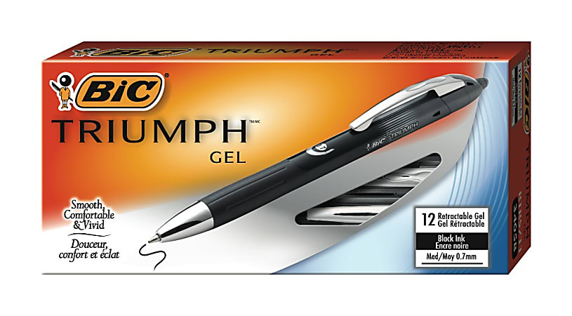 BIC® Triumph™ Retractable Gel Pens, Medium Point, 0.7 mm, Metallic Wrap Barrel, Black Ink, Pack Of 12 Pens