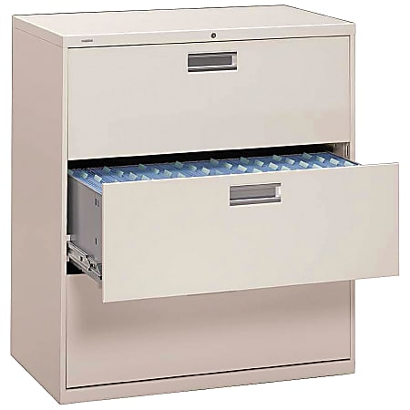 HON 600 20 D Lateral 3 Drawer File Cabinet With Lock Light Gray - Office  Depot