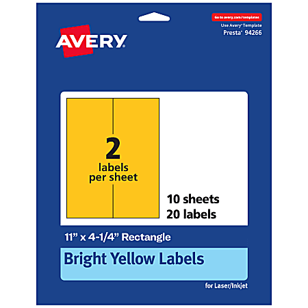 Avery® Printable Labels, 94266-BYP10, Rectangle, 11" x 4-1/4", Matte Bright Yellow, Pack of 20