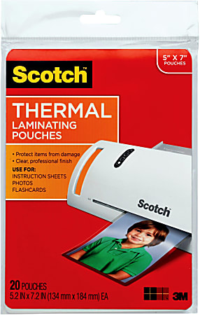 Scotch® Front & Back Thermal Laminating Pouches TP5903-20, Glossy, 5.20" x 7.20", 5 mil Thick, Clear, Box Of 20 Laminating Sheets