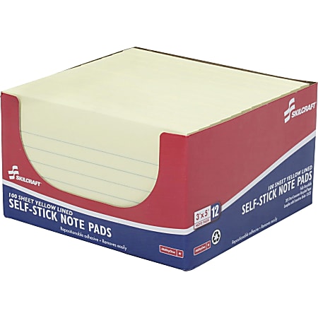 SKILCRAFT® 100% Recycled Self-Stick Note Pads, 3" x 5", Yellow, 100 Sheets Per Pad, Pack Of 12 Pads (AbilityOne 7530-01-346-4849)