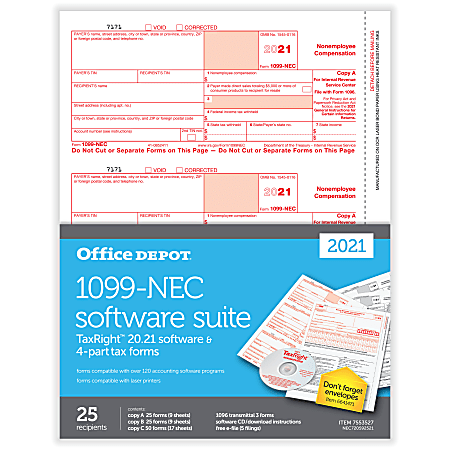 Office Depot® Brand 1099-NEC Laser Tax Forms With Software, 3-Up, 4-Part, 8-1/2" x 11", Pack Of 25 Form Sets