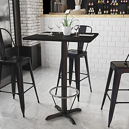 Flash Furniture Laminate Square Table Top With Bar-Height Table Base And Foot Ring, 43-1/8"H x 30"W x 30"D, Black