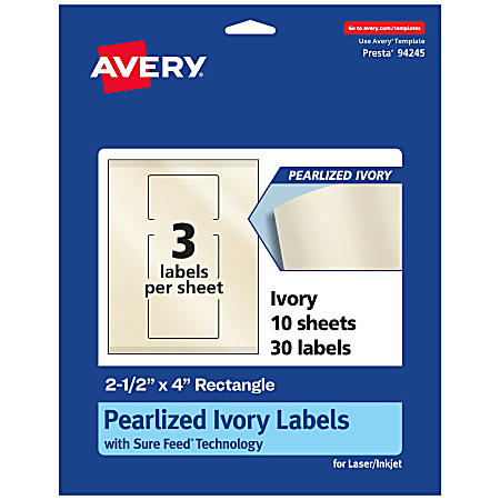 Avery® Pearlized Permanent Labels With Sure Feed®, 94245-PIP10, Rectangle, 2-1/2" x 4", Ivory, Pack Of 30 Labels