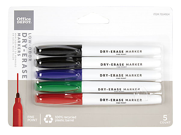 Office Depot® Brand Low-Odor Pen-Style Dry-Erase Markers, Fine Point, 100% Recycled, Assorted Colors, Pack Of 5
