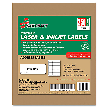 SKILCRAFT® 100% Recycled Inkjet/Laser Address Labels, Rectangle, 1" x 2 5/8", White, Box Of 250 Sheets (AbilityOne 7530-01-578-9290)