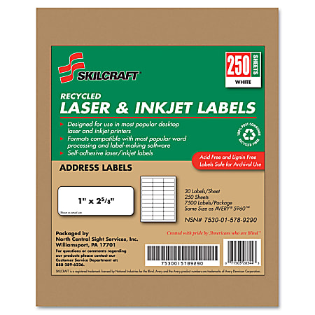 SKILCRAFT® 100% Recycled Inkjet/Laser Address Labels, Rectangle, 1