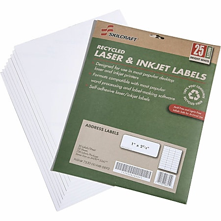 SKILCRAFT® 100% Recycled White Inkjet/Laser Address Labels, 1
