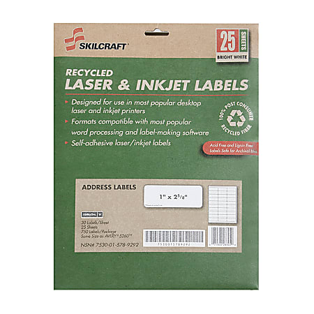 SKILCRAFT® 100% Recycled White Inkjet/Laser Address Labels, 1" x 2 5/8", Box Of 25 Sheets (AbilityOne 7530-01-578-9292)