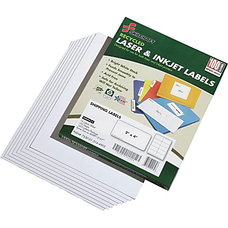 SKILCRAFT® 100% Recycled Inkjet/Laser Shipping Labels, Rectangle, 2" x 4", White, 10 Sheets Per Pack, Box Of 25 Packs (AbilityOne 7530-01-578-9293)