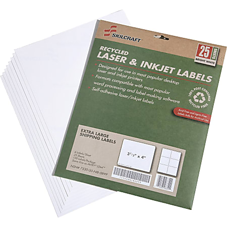 SKILCRAFT® 100% Recycled Inkjet/Laser Shipping Labels, Rectangle, 3 1/3" x 4", White, Pack Of 25 (AbilityOne 7530-01-578-9295)