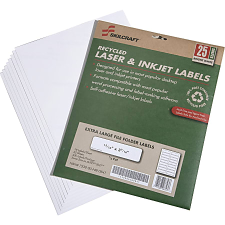 SKILCRAFT® XL Inkjet/Laser File Folder Labels, Rectangle, 15/16" x 3 7/16", 100% Recycled, White, Box Of 25 (AbilityOne 7530-01-578-9297)