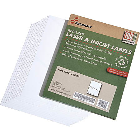 SKILCRAFT® 100% Recycled White Inkjet/Laser File Folder Permanent Full-Sheet Labels, 8 1/2" x 11", Pack Of 100 (AbilityOne 7530-01-578-9298)