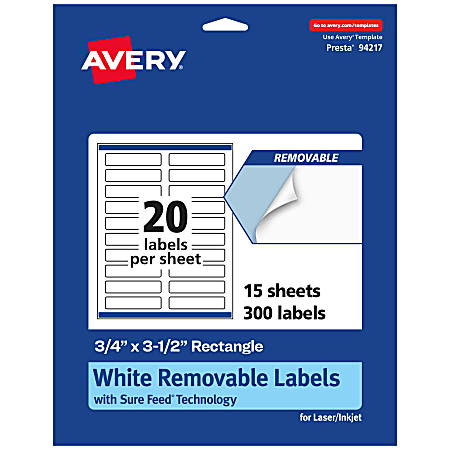 Avery® Removable Labels With Sure Feed®, 94217-RMP15, Rectangle, 3/4" x 3-1/2", White, Pack Of 300 Labels