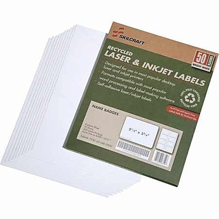 SKILCRAFT® Laser/Inkjet Name Badge Labels, 2 1/3" x 3 3/8", White, Pack Of 50 (AbilityOne 7530-01-578-9299)