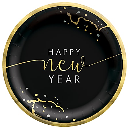 Amscan Hello NYE Round Paper Plates, 6-3/4", Black, Pack Of 60 Plates