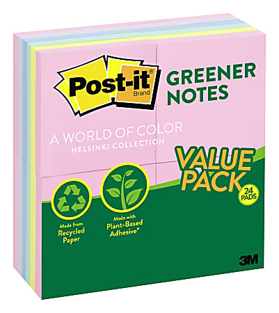 Post-it Greener Notes, 3" x 3", Helsinki Color Collection, 100 Notes Per Pad
