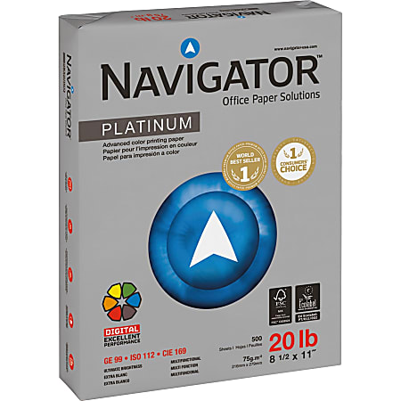 Navigator Platinum Office Multi-Use Paper, Letter Size (8 1/2" x 11"), 20 Lb, Smooth, Bright White, Carton Of 5,000 Sheets
