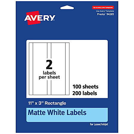 Avery® Permanent Labels, 94265-WMP100, Rectangle, 11" x 3", White, Pack Of 200