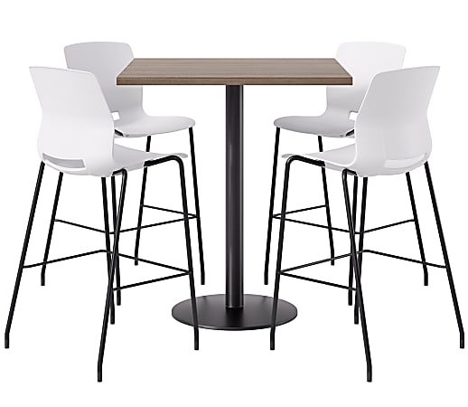 KFI Studios Proof Bistro Square Pedestal Table With Imme Bar Stools, Includes 4 Stools, 43-1/2”H x 36”W x 36”D, Studio Teak Top/Black Base/White Chairs