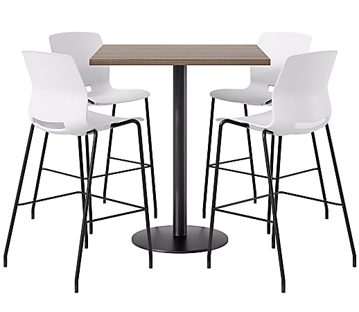 KFI Studios Proof Bistro Square Pedestal Table, Includes 4 Stools, 43-1/2”H x 36”W x 36”D, Studio Teak Top/Black Base/White Chairs - 840031941138