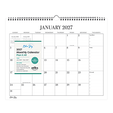 2027 Plan It All Standard Monthly Wall Calendar 15x12