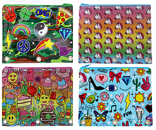 Inkology Corey Paige Binder Pencil Pouches, 8" x 10", Assorted Designs, Pack Of 8 Pouches