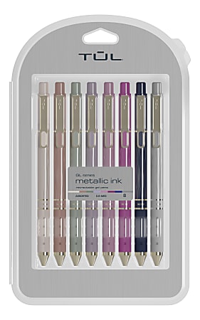 TUL® GL Series Retractable Gel Pens, Medium Point, 0.8 mm, Assorted Barrel Colors With Gold Lines, Assorted Metallic Ink, Pack Of 8 Pens