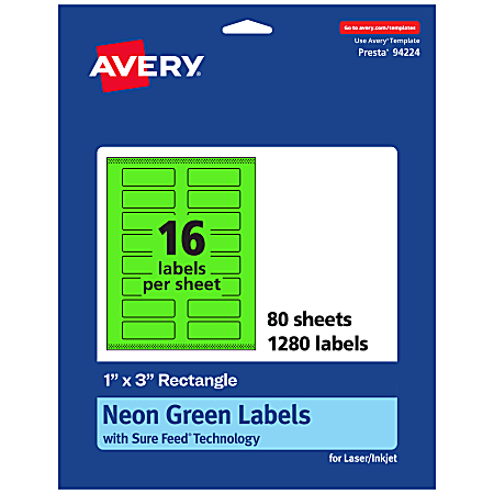Avery® Print-To-The-Edge Labels With Sure Feed® Technology And Easy Peel®, 94224-NGP80, Rectangle, 1" x 3", Matte Neon Green, Pack of 1280