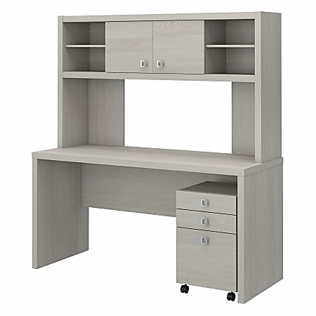 Office by Kathy Ireland® Echo 60"W Credenza Computer Desk With Hutch And Mobile File Cabinet, Gray Sand, Standard Delivery
