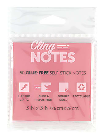 Office Depot® Cling Notes, 3" x 3", Square, Pink, Pad Of 50 Notes