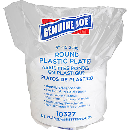 Genuine Joe Reusable/Disposable 6" Plastic Plates, White, Pack Of 125