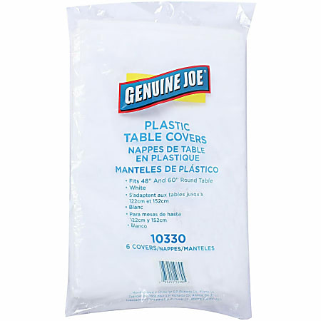 Genuine Joe Plastic Round Table Covers, 48"-60" Diameter, White, Pack Of 6