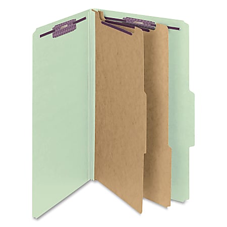 Smead® Classification Folders, Pressboard With SafeSHIELD® Fasteners, 2 Dividers, 2" Expansion, Legal Size, 100% Recycled, Gray/Green, Box Of 10