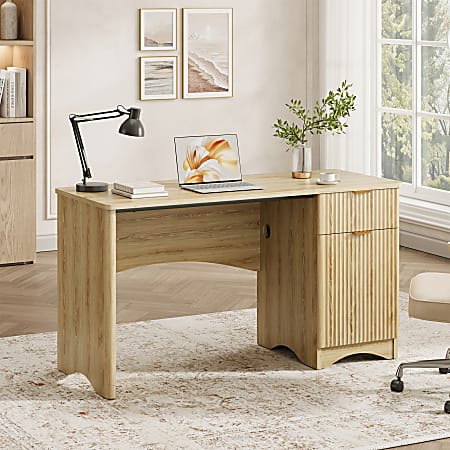 Bestier 55" Computer Desk with Drawer &amp; 2-Tier Storage Cabinet for Home Office, Natural Oak