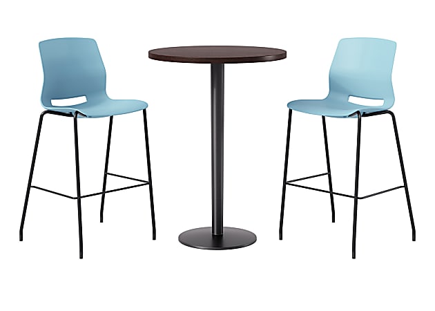 KFI Studios Proof Bistro Round Pedestal Table With Imme Barstools, 2 Barstools, 30", Cafelle/Black/Sky Blue Stools